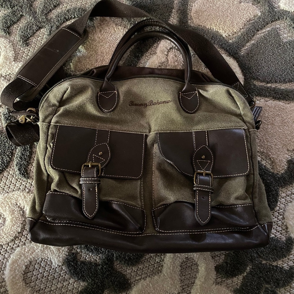 Tommy Bahama Green Canvas Brown Leather Travel. Co